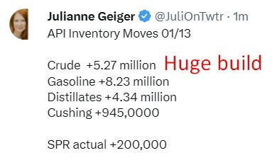 oil inventory gasoline distillate stocks 14 January 2026 2
