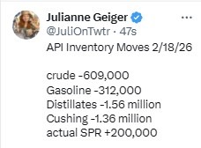 oil inventory gasoline distillate stocks 19 February 2026