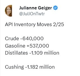 oil inventory gasoline distillate stocks 26 February 2025 2