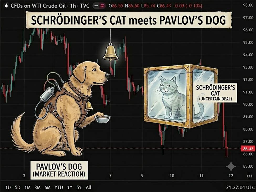 Oil value drop on Trump’s thirty ninth ‘deal’ announcement. Pavlov’s canine meets Shcrodinger’s cat. Oil value drop on Trump’s thirty ninth ‘deal’ announcement. Pavlov’s canine meets Shcrodinger’s cat.