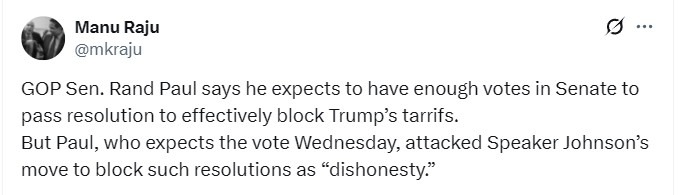 paul senator blocks trum tariffs 29 April 2025