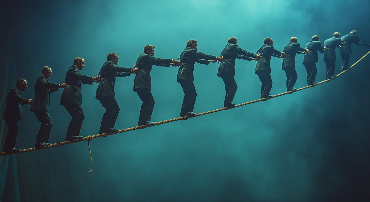 several men in suits all balancing on one tightrope, handcuffed to each other  2