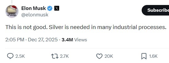 silver musk not good 29 December 2025 tweet
