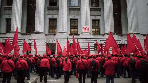 striking workers invading the new york stock exchange while holding red flags