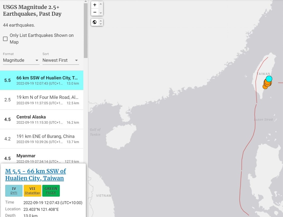 taiwan earthquake 19 September 2022