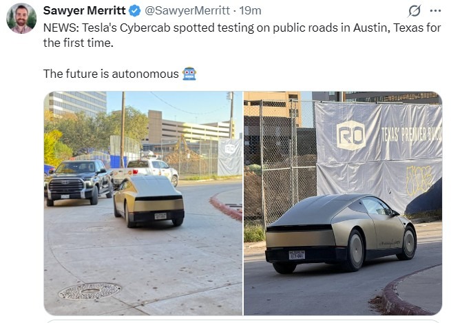 A picture of a Tesla cybercab being tested for the first time in Austin, Texas