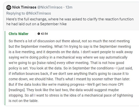 timiraos Wall Street Journal fed waller September live 14 July 2023