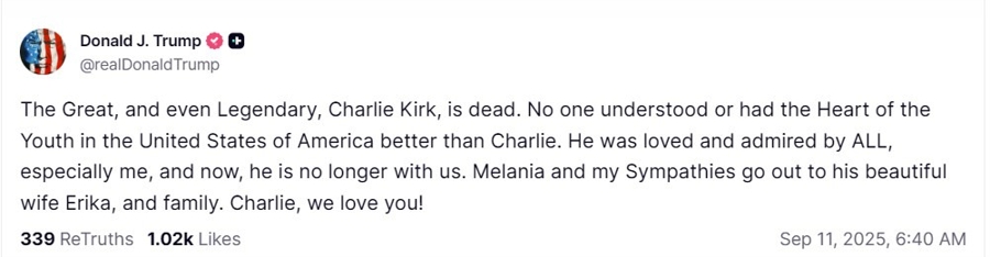 trump charlie krik dead 11 September 2025 2