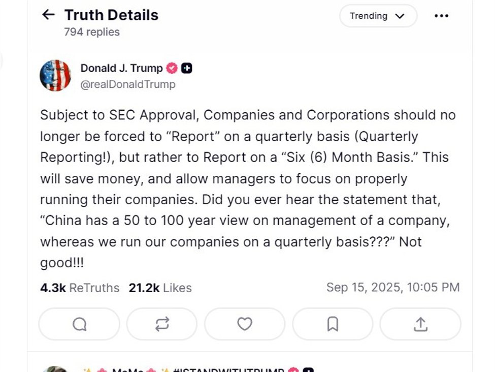 Trump is on board with the call to ditch quarterly reporting for US listed companies
