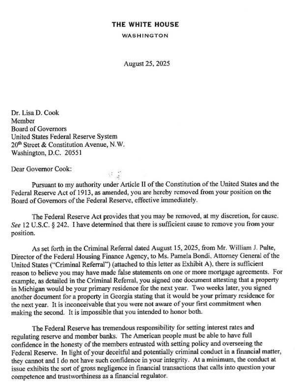 trump fires fed governor cook 26 August 2025 2
