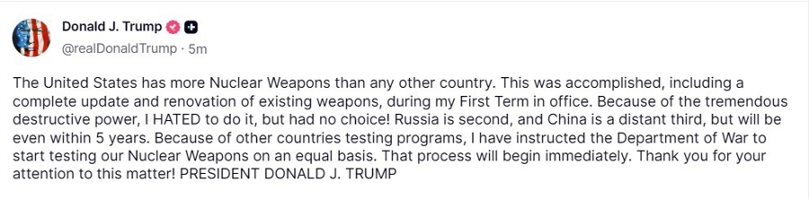 trump nuclear 30 October 2025