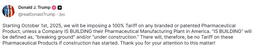 trump pharma 100 percent tariff 26 September 2025 2