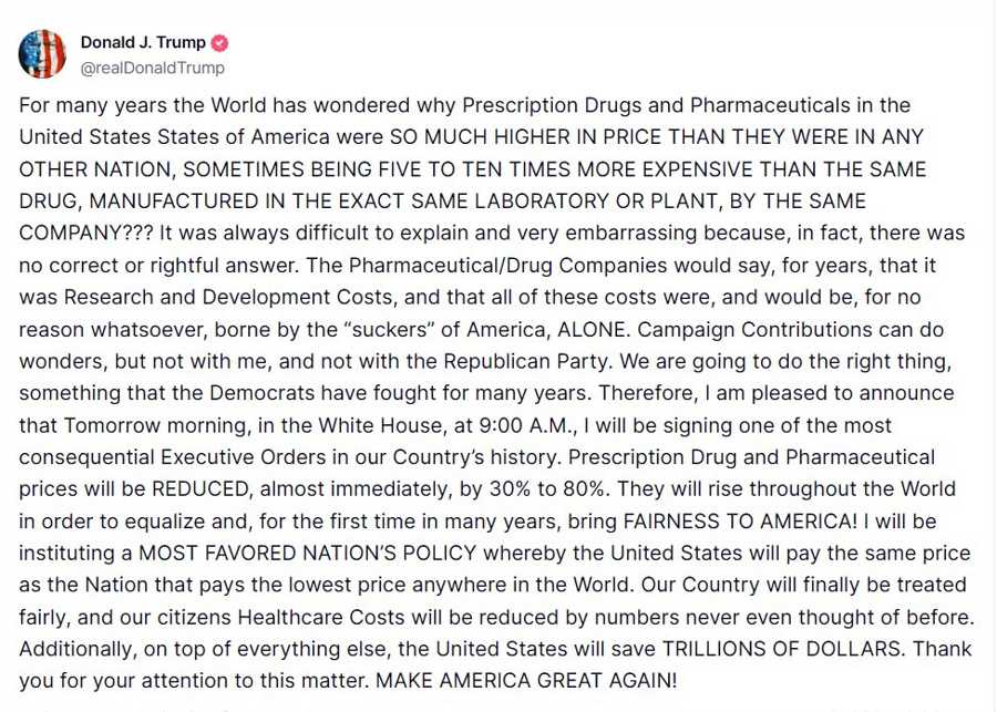 trump pharma tweet 12 May 2025 2