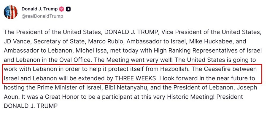 trump social media ceasefire israel lebanon 24 April 2026