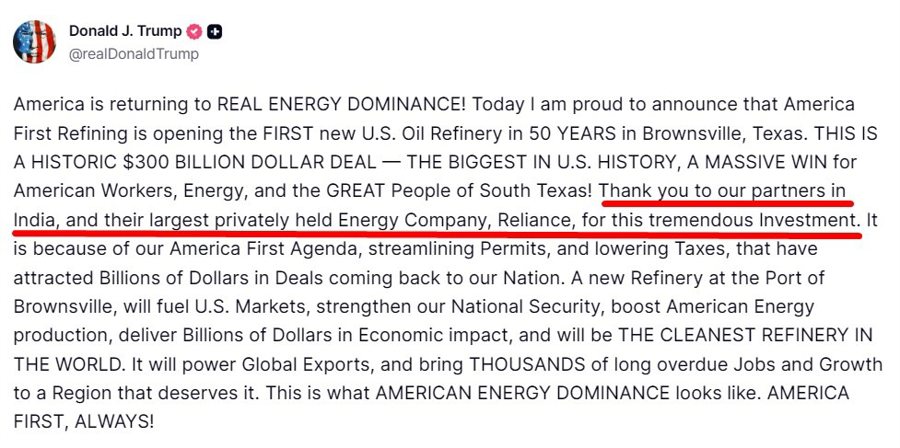 trump tahnks india refinery 11 March 2026