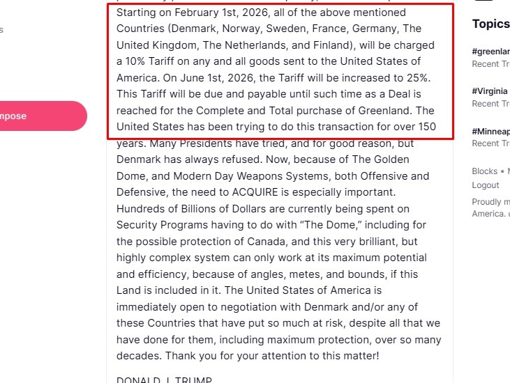 trump tariffs tweet 19 January 2026 2