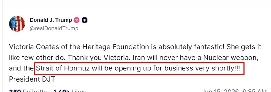 trump truth lie hormuz 15 June 2026