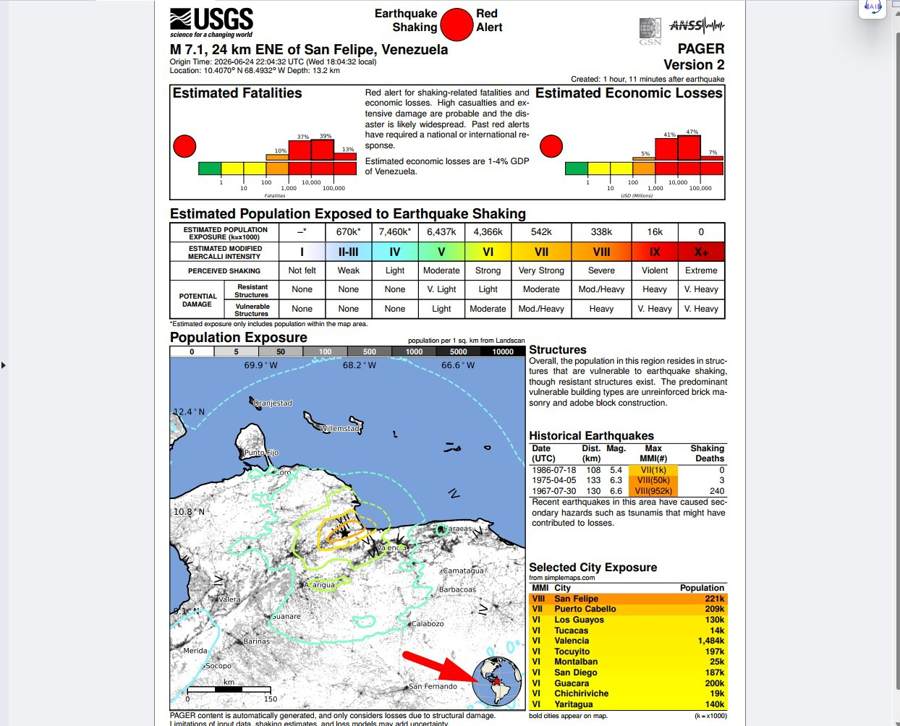 venezuala earthquake 24 June 2026