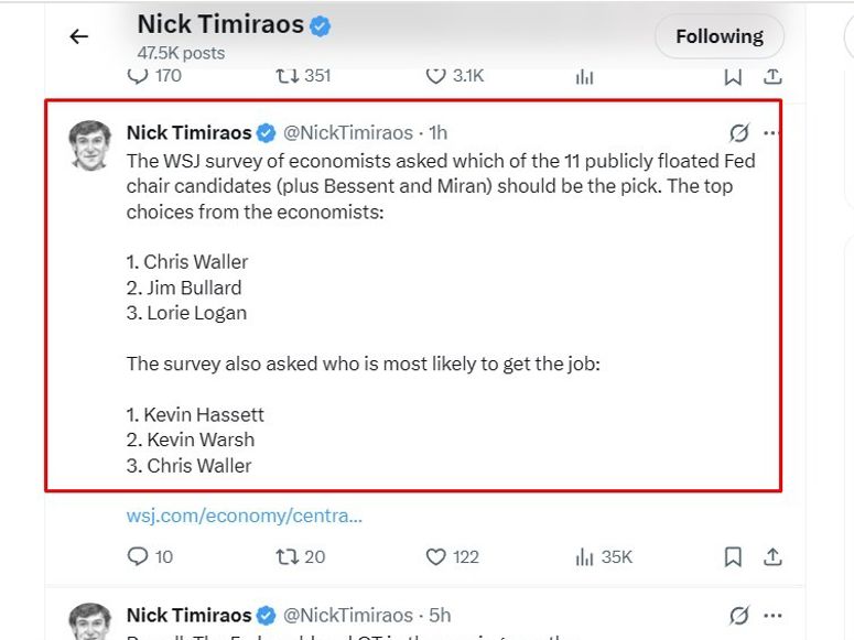 timiraos wallere hassett Federal Reserve chair 15 October 2025